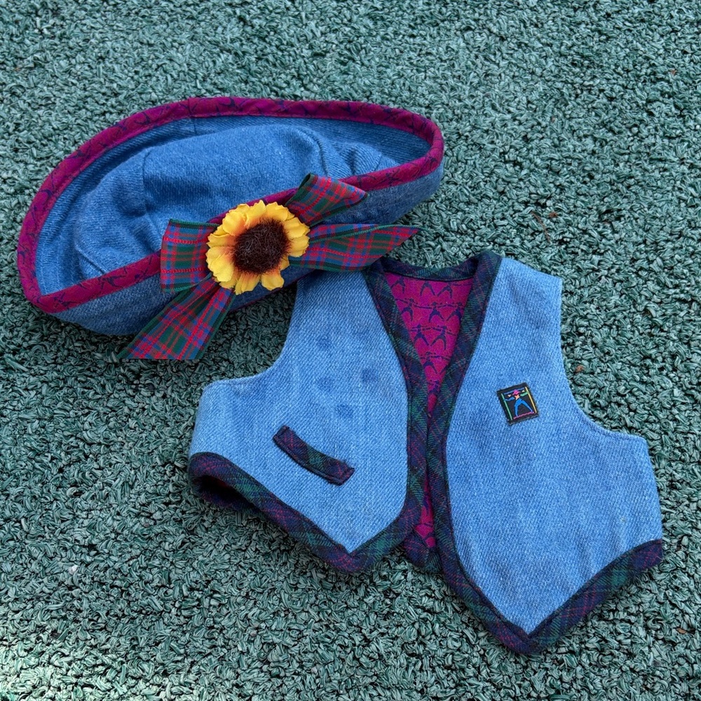 *RARE* American Girl Denim Blue Vest and Sunflower Hat